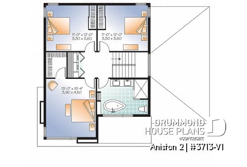 2nd level - Affordable Modern home plan, garage, 3 beds, 1.5 baths, family & living rooms, 9' ceiling on main, fireplace - Sequoia 2
