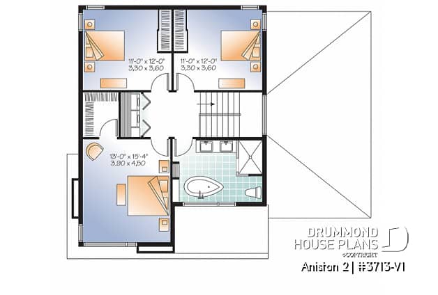 2nd level - Affordable Modern home plan, garage, 3 beds, 1.5 baths, family & living rooms, 9' ceiling on main, fireplace - Sequoia 2