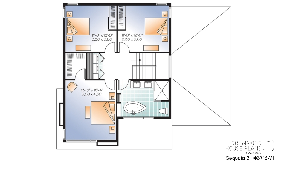 2nd level - Affordable Modern home plan, garage, 3 beds, 1.5 baths, family &amp; living rooms, 9' ceiling on main, fireplace - Sequoia 2