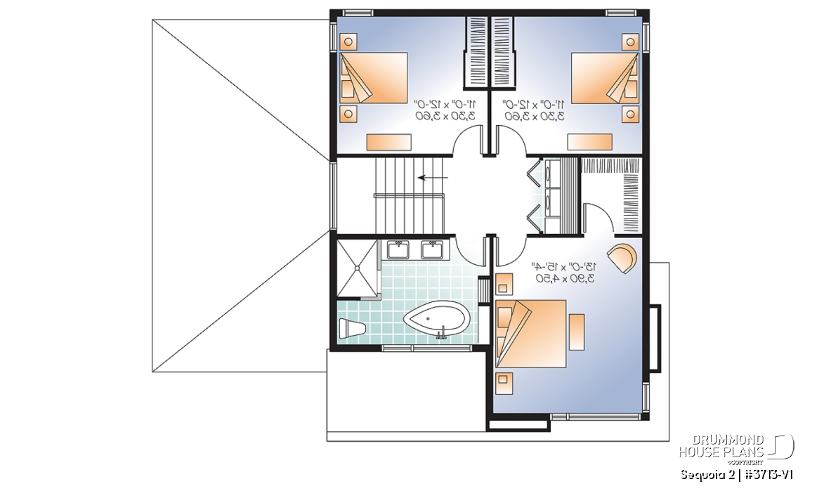 2nd level - Affordable Modern home plan, garage, 3 beds, 1.5 baths, family &amp; living rooms, 9' ceiling on main, fireplace - Sequoia 2