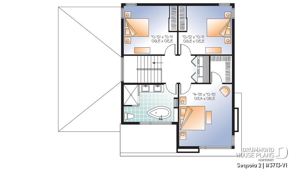 2nd level - Affordable Modern home plan, garage, 3 beds, 1.5 baths, family &amp; living rooms, 9' ceiling on main, fireplace - Sequoia 2