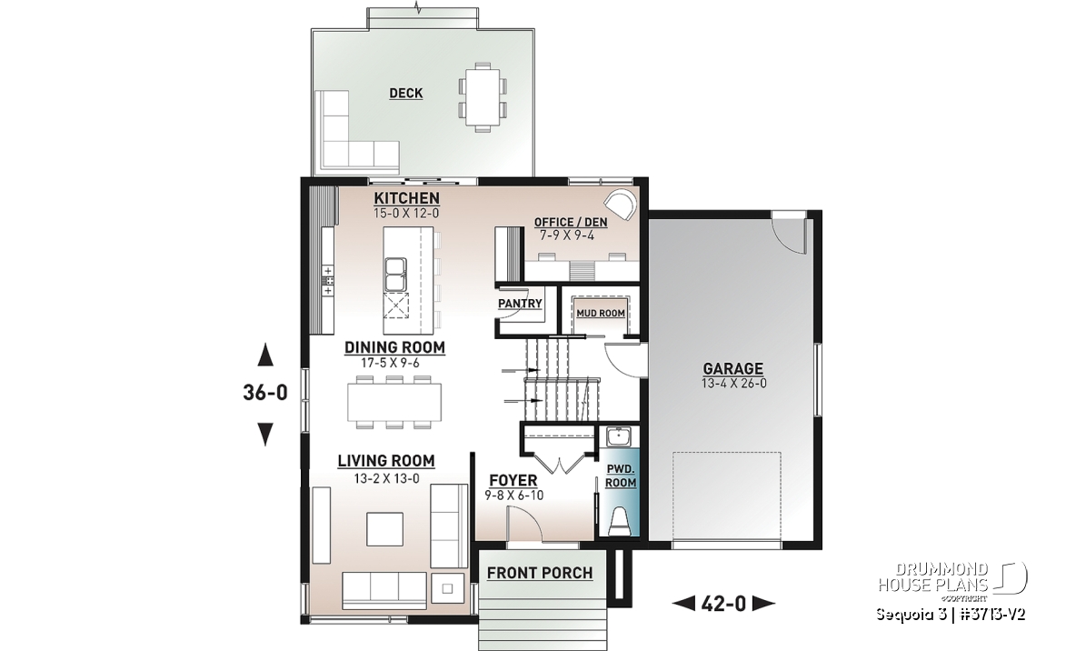 1st level - Modern 3 bedroom house plan, garage, home office, pantry, laundry on second level, mud room - Sequoia 3