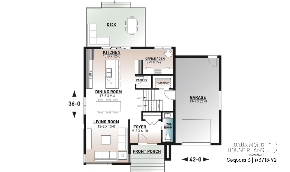 1st level - Modern 3 bedroom house plan, garage, home office, pantry, laundry on second level, mud room - Sequoia 3
