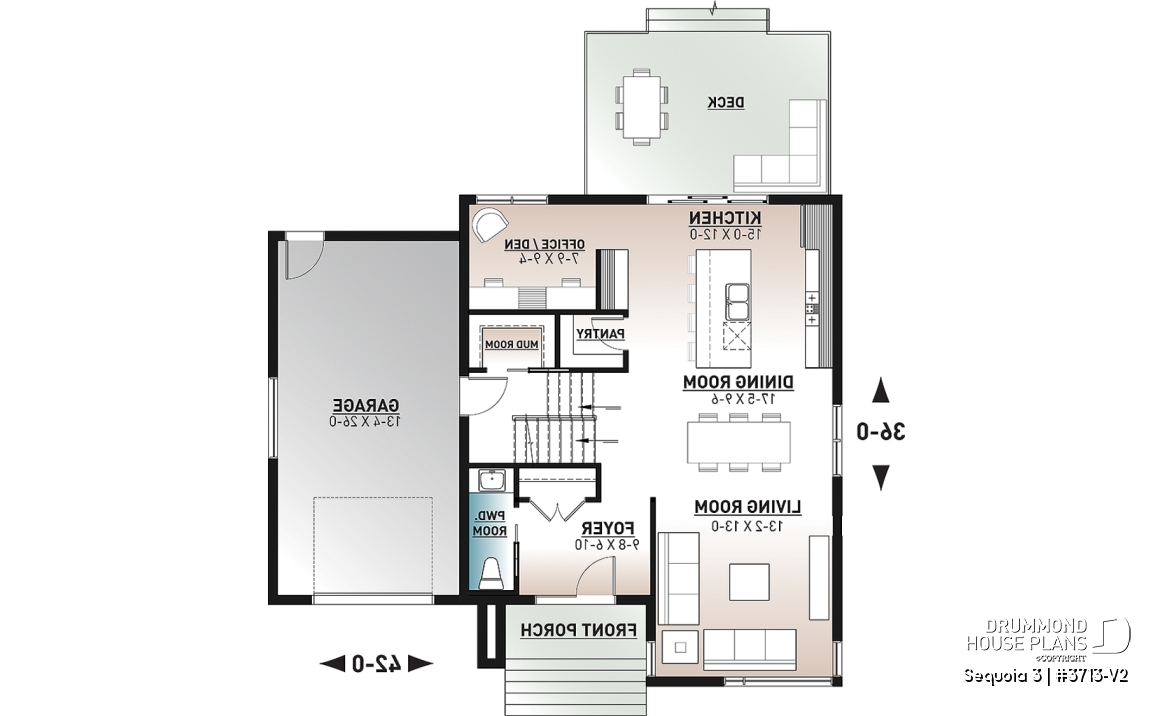 1st level - Modern 3 bedroom house plan, garage, home office, pantry, laundry on second level, mud room - Sequoia 3