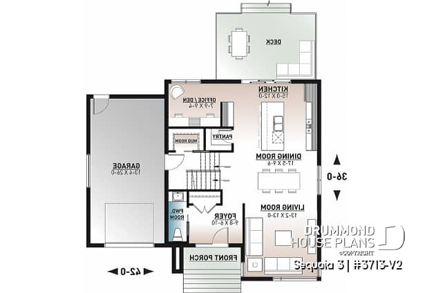1st level - Modern 3 bedroom house plan, garage, home office, pantry, laundry on second level, mud room - Sequoia 3