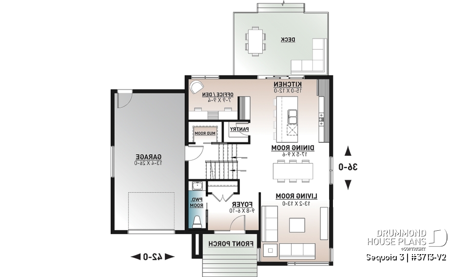 1st level - Modern 3 bedroom house plan, garage, home office, pantry, laundry on second level, mud room - Sequoia 3