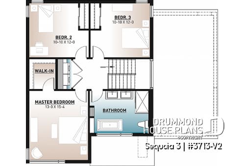 2nd level - Modern 3 bedroom house plan, garage, home office, pantry, laundry on second level, mud room - Sequoia 3