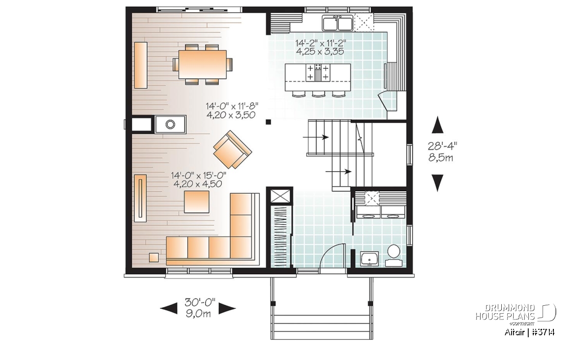 1st level - 3 bedroom small modern house plan, open floor concept with three sided fireplace, large kitchen and master bed - Altair