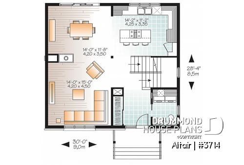 1st level - 3 bedroom small modern house plan, open floor concept with three sided fireplace, large kitchen and master bed - Altair
