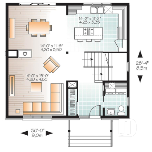 1st level - 3 bedroom small modern house plan, open floor concept with three sided fireplace, large kitchen and master bed - Altair