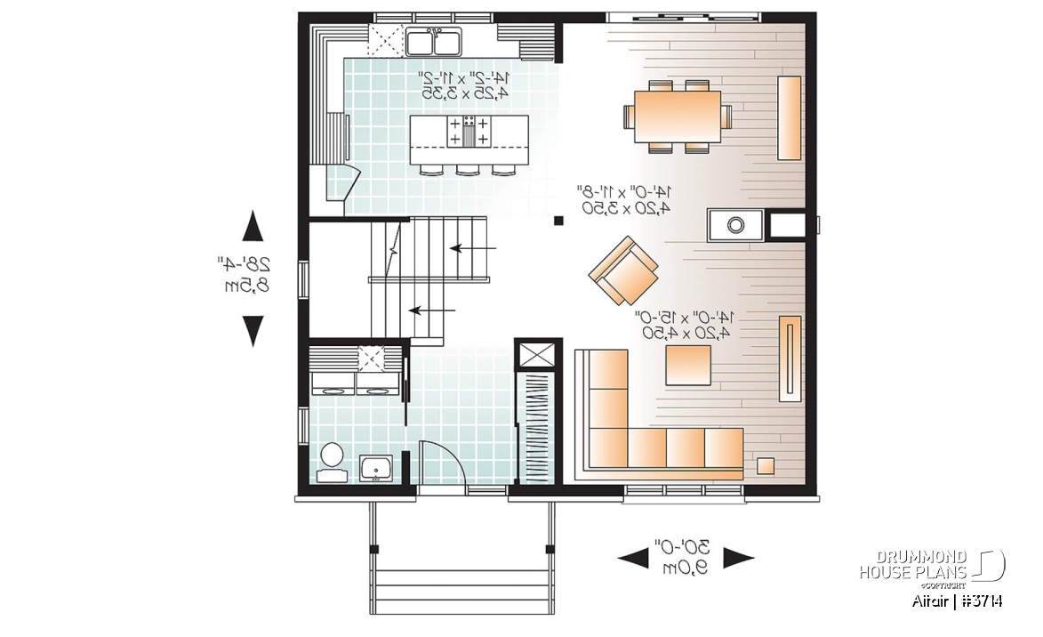 1st level - 3 bedroom small modern house plan, open floor concept with three sided fireplace, large kitchen and master bed - Altair
