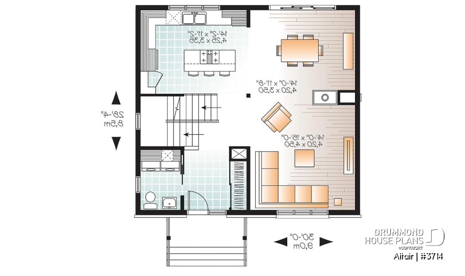 1st level - 3 bedroom small modern house plan, open floor concept with three sided fireplace, large kitchen and master bed - Altair