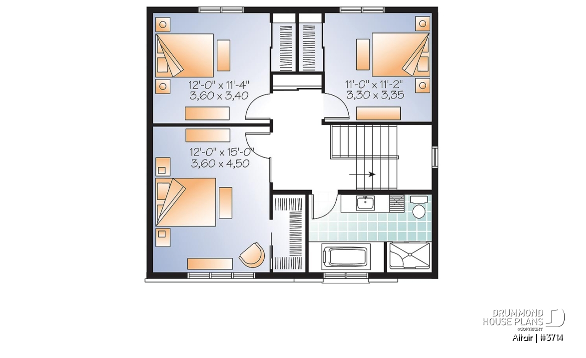 2nd level - 3 bedroom small modern house plan, open floor concept with three sided fireplace, large kitchen and master bed - Altair