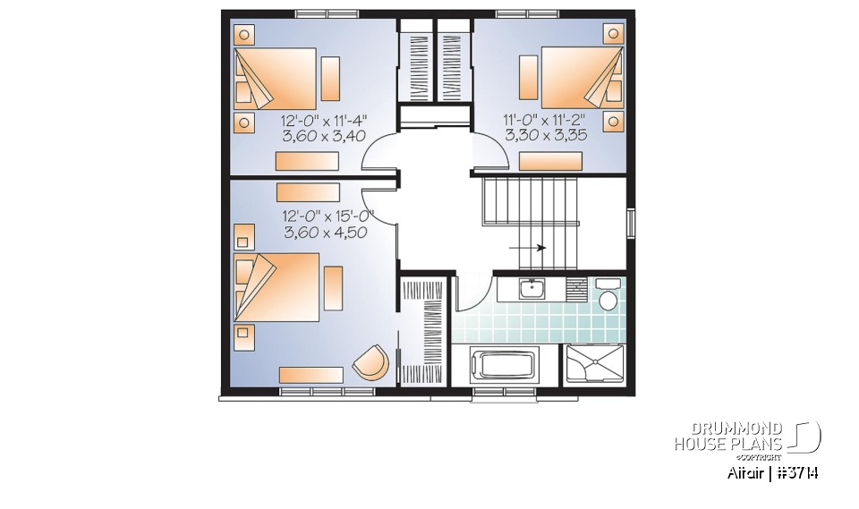 2nd level - 3 bedroom small modern house plan, open floor concept with three sided fireplace, large kitchen and master bed - Altair