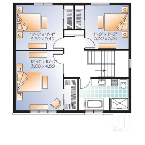 2nd level - 3 bedroom small modern house plan, open floor concept with three sided fireplace, large kitchen and master bed - Altair