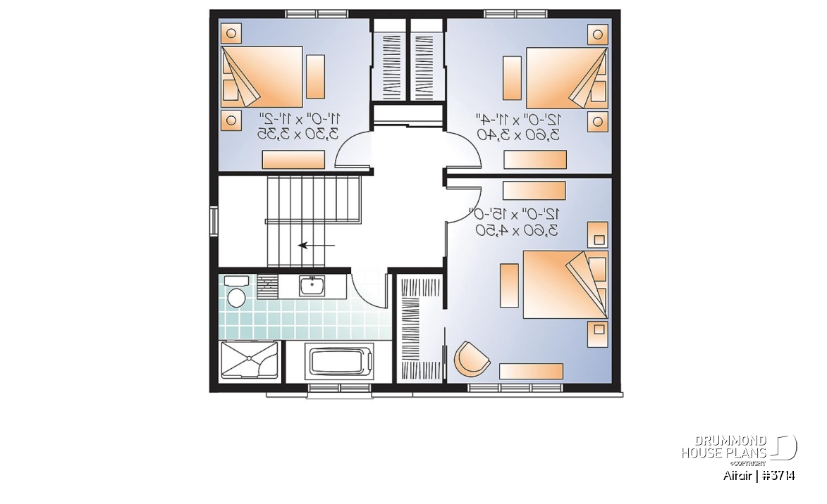 2nd level - 3 bedroom small modern house plan, open floor concept with three sided fireplace, large kitchen and master bed - Altair
