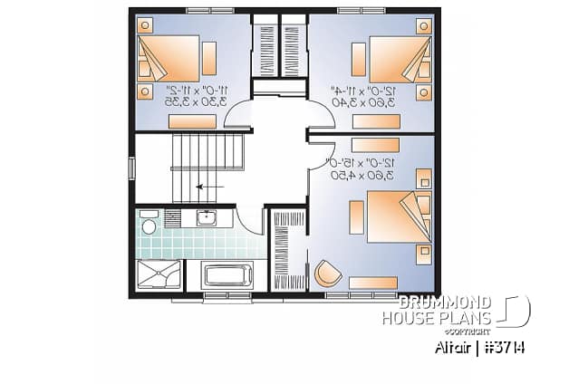 2nd level - 3 bedroom small modern house plan, open floor concept with three sided fireplace, large kitchen and master bed - Altair