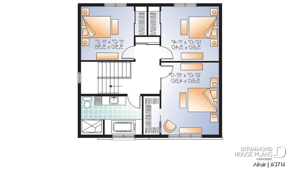2nd level - 3 bedroom small modern house plan, open floor concept with three sided fireplace, large kitchen and master bed - Altair