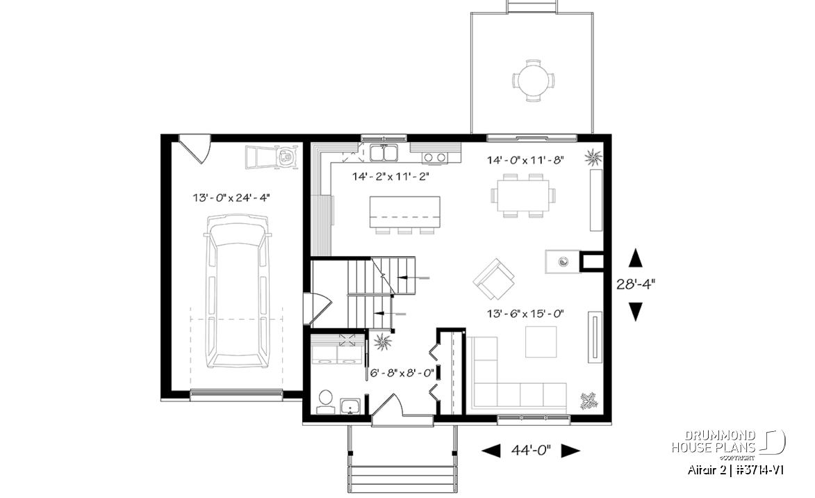 1st level - Two-story contemporary home plan with garage, open dining and living concept with central fireplace, 3 beds - Altair 2