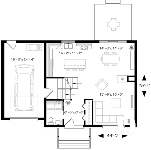 1st level - Two-story contemporary home plan with garage, open dining and living concept with central fireplace, 3 beds - Altair 2