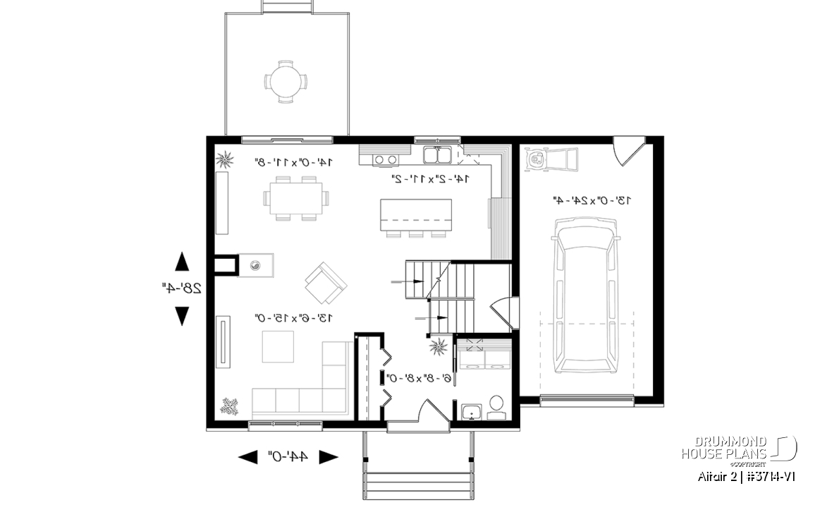 1st level - Two-story contemporary home plan with garage, open dining and living concept with central fireplace, 3 beds - Altair 2