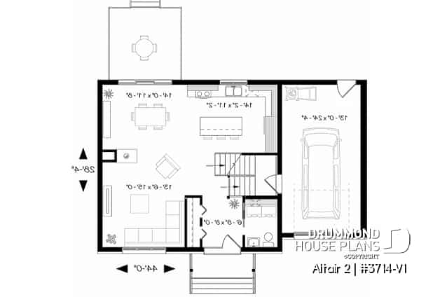 1st level - Two-story contemporary home plan with garage, open dining and living concept with central fireplace, 3 beds - Altair 2