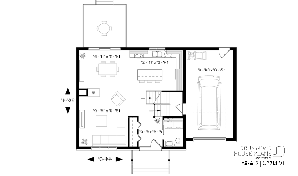 1st level - Two-story contemporary home plan with garage, open dining and living concept with central fireplace, 3 beds - Altair 2