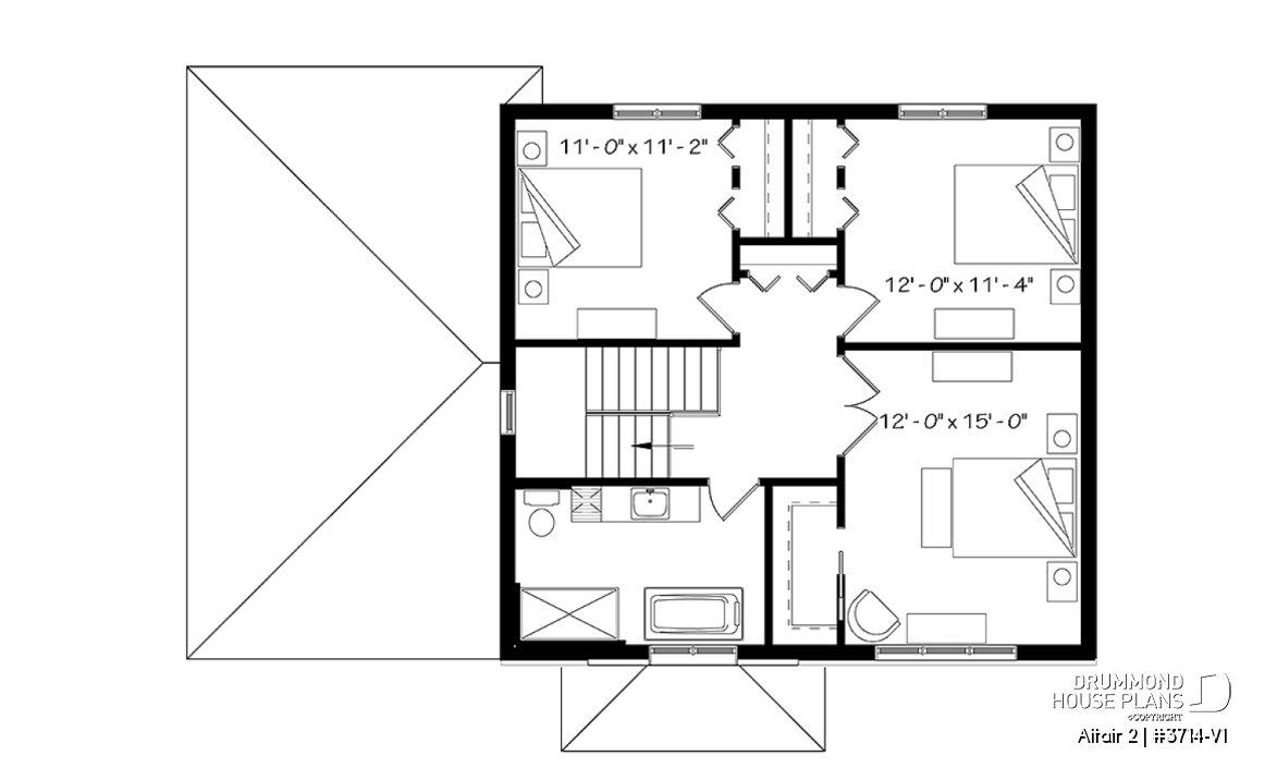 2nd level - Two-story contemporary home plan with garage, open dining and living concept with central fireplace, 3 beds - Altair 2