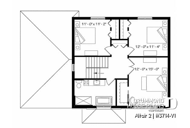 2nd level - Two-story contemporary home plan with garage, open dining and living concept with central fireplace, 3 beds - Altair 2