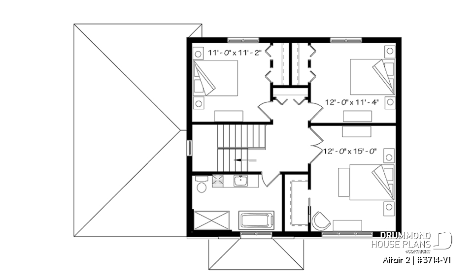 2nd level - Two-story contemporary home plan with garage, open dining and living concept with central fireplace, 3 beds - Altair 2