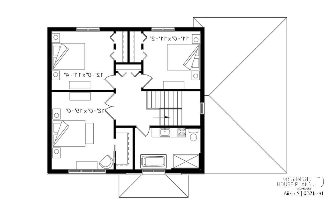 2nd level - Two-story contemporary home plan with garage, open dining and living concept with central fireplace, 3 beds - Altair 2