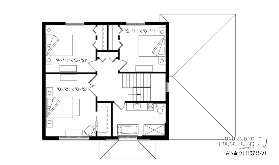 2nd level - Two-story contemporary home plan with garage, open dining and living concept with central fireplace, 3 beds - Altair 2