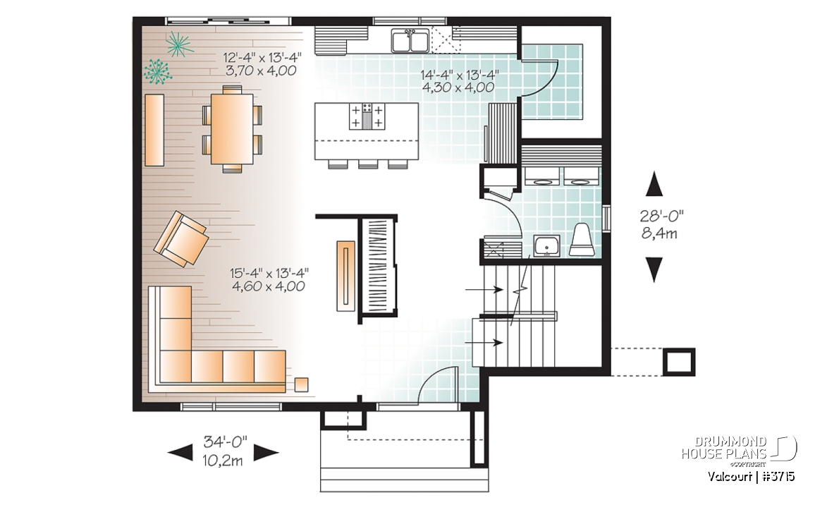 1st level - Bright, spacious, 3 bedroom moderne house plan with walk-in pantry, 2 bathrooms, laundry on main - Valcourt