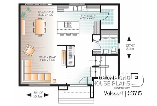 1st level - Bright, spacious, 3 bedroom moderne house plan with walk-in pantry, 2 bathrooms, laundry on main - Valcourt