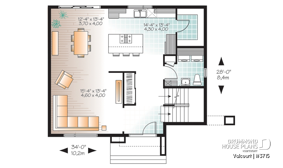 1st level - Bright, spacious, 3 bedroom moderne house plan with walk-in pantry, 2 bathrooms, laundry on main - Valcourt
