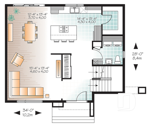 1st level - Bright, spacious, 3 bedroom moderne house plan with walk-in pantry, 2 bathrooms, laundry on main - Valcourt