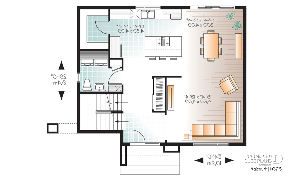 1st level - Bright, spacious, 3 bedroom moderne house plan with walk-in pantry, 2 bathrooms, laundry on main - Valcourt