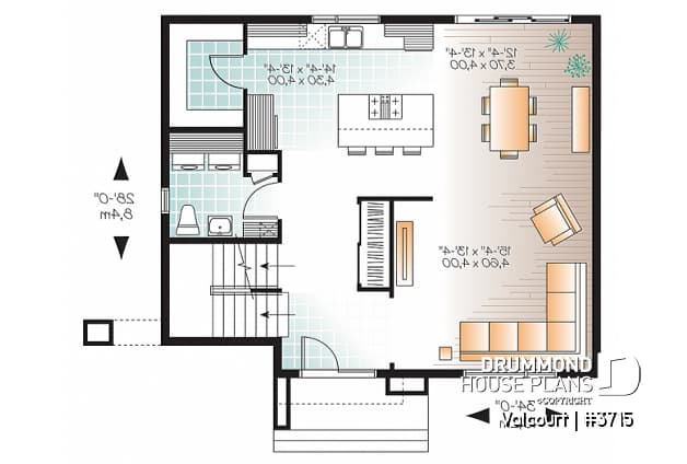 1st level - Bright, spacious, 3 bedroom moderne house plan with walk-in pantry, 2 bathrooms, laundry on main - Valcourt