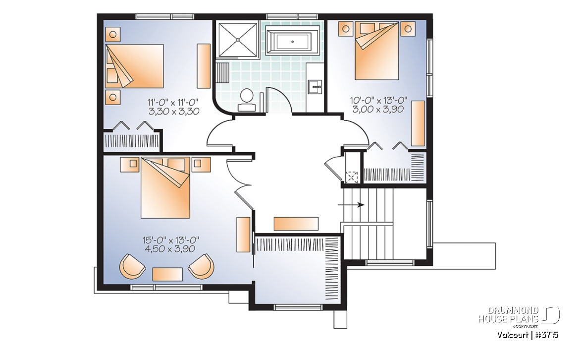 2nd level - Bright, spacious, 3 bedroom moderne house plan with walk-in pantry, 2 bathrooms, laundry on main - Valcourt