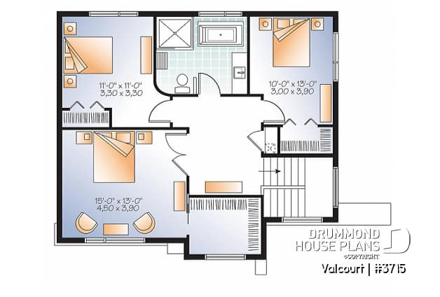 2nd level - Bright, spacious, 3 bedroom moderne house plan with walk-in pantry, 2 bathrooms, laundry on main - Valcourt