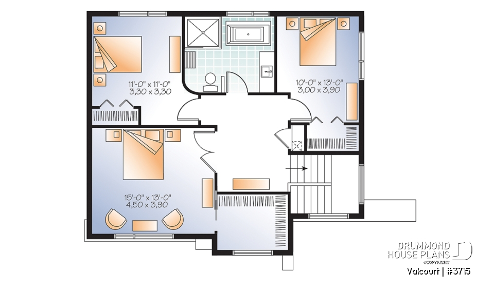 2nd level - Bright, spacious, 3 bedroom moderne house plan with walk-in pantry, 2 bathrooms, laundry on main - Valcourt
