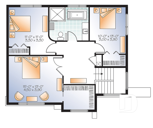 2nd level - Bright, spacious, 3 bedroom moderne house plan with walk-in pantry, 2 bathrooms, laundry on main - Valcourt