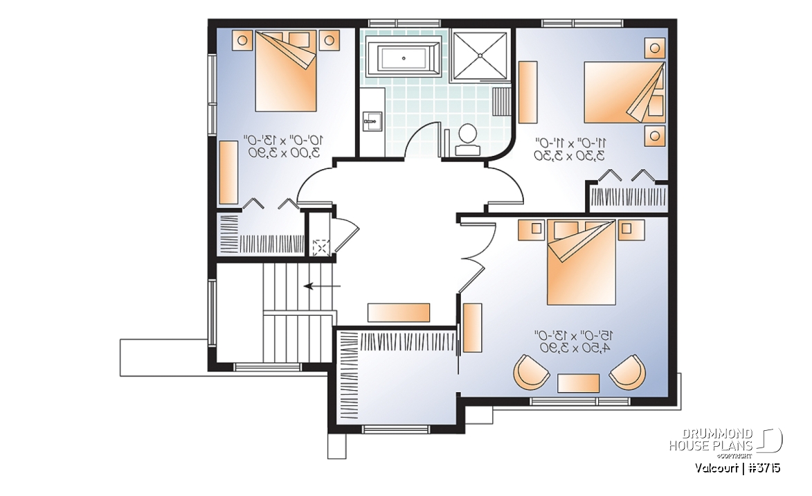 2nd level - Bright, spacious, 3 bedroom moderne house plan with walk-in pantry, 2 bathrooms, laundry on main - Valcourt