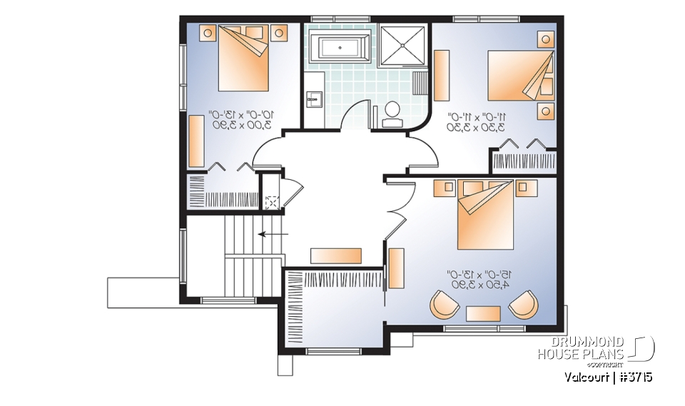 2nd level - Bright, spacious, 3 bedroom moderne house plan with walk-in pantry, 2 bathrooms, laundry on main - Valcourt