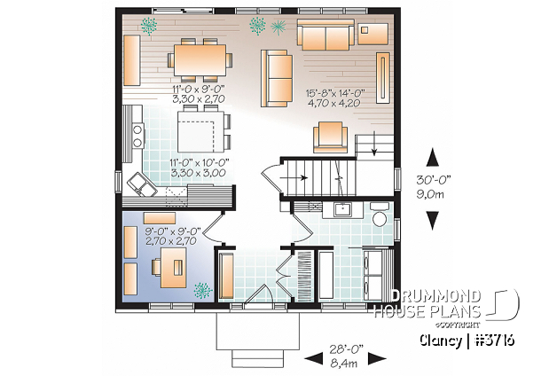 1st level - Economical Modern Home plan, 3 bedrooms, home office and open floor plan - Clancy