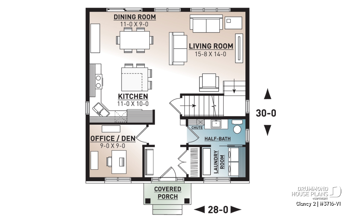 1st level - Transitional cottage design, low budget, 3 to 4 bedrooms, laundry room, kitchen island, open floor - Clancy 2