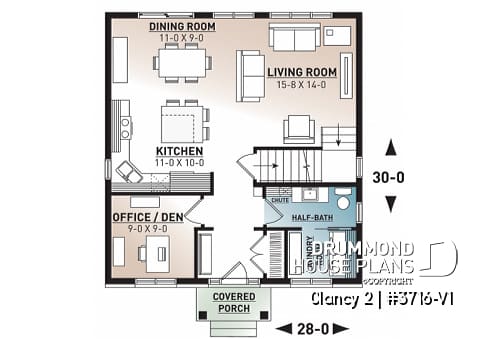 1st level - Transitional cottage design, low budget, 3 to 4 bedrooms, laundry room, kitchen island, open floor - Clancy 2