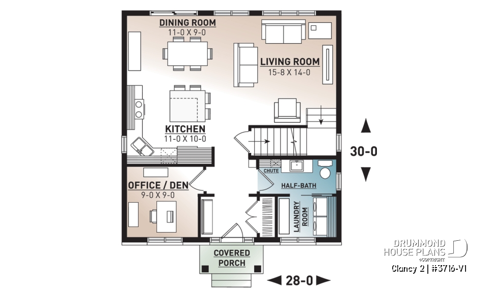 1st level - Transitional cottage design, low budget, 3 to 4 bedrooms, laundry room, kitchen island, open floor - Clancy 2