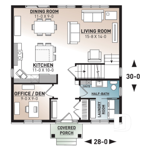1st level - Transitional cottage design, low budget, 3 to 4 bedrooms, laundry room, kitchen island, open floor - Clancy 2