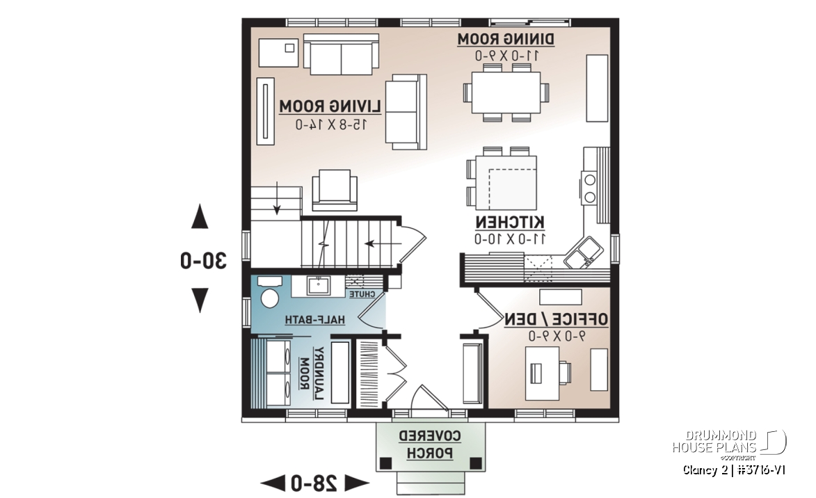 1st level - Transitional cottage design, low budget, 3 to 4 bedrooms, laundry room, kitchen island, open floor - Clancy 2